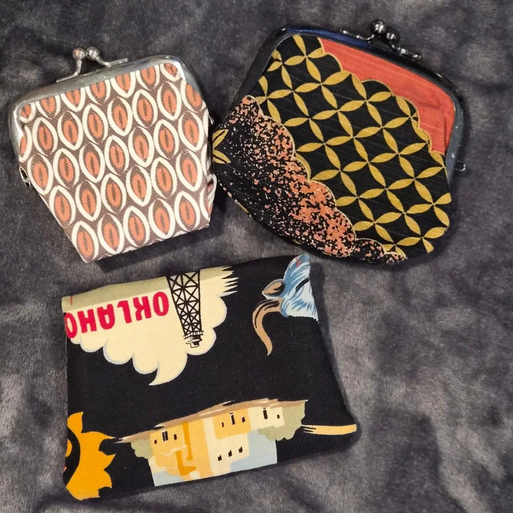 Vintage Style Coin Purse Lot 3pc Kiss Lock Fabric Pouch Route 66 Retro MCM 50s